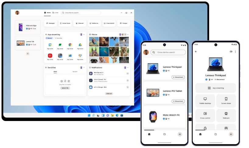 Al iniciar Smart Connect, verás un sencillo panel de control compuesto por ventanas con acceso a las funciones más populares y todos los dispositivos conectados, incluyendo laptops, tablets, smartphones, accesorios como moto buds y moto tag, entre otros.