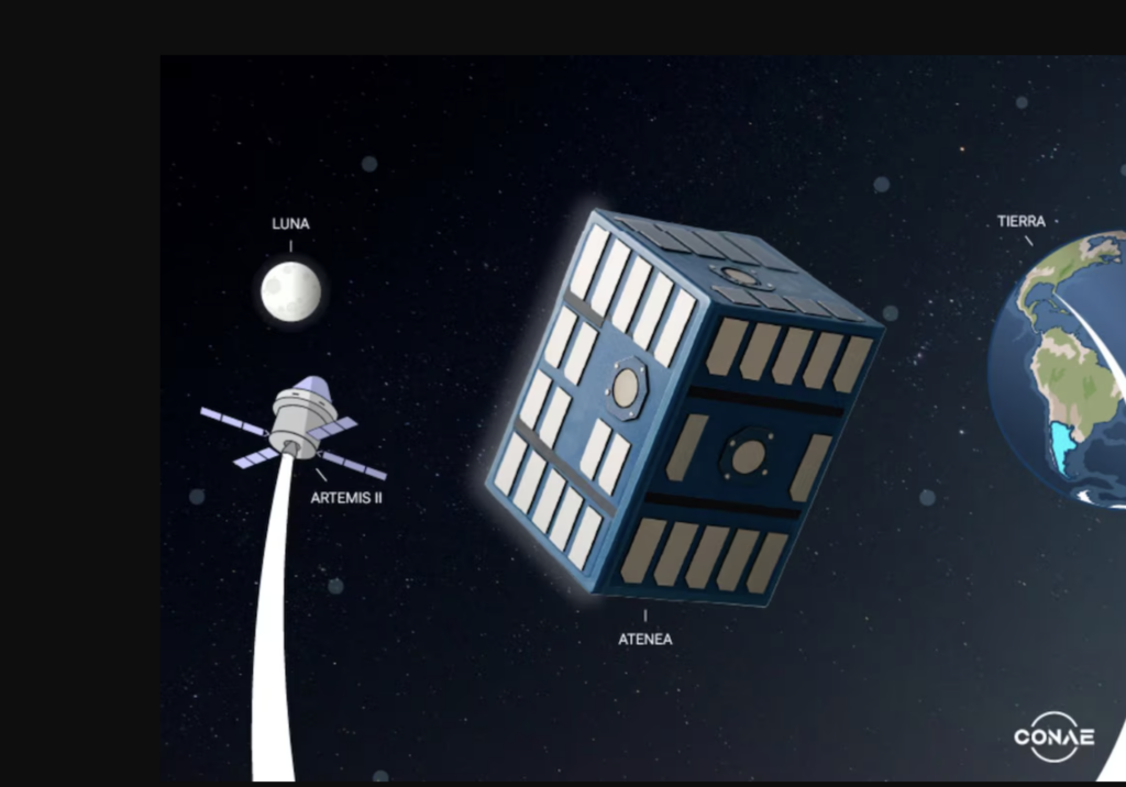 El nanosatélite argentino ATENEA operará a unos 70.000 kilómetros de la Tierra, marcando la mayor distancia de comunicación alcanzada hasta ahora por tecnología desarrollada en el país (CONAE).