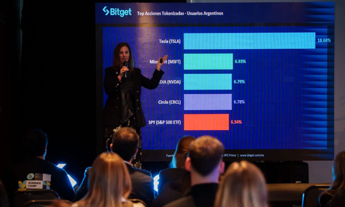 Carolina Gama durante la presentación de IPO Prime. Bitget informó que Argentina concentró el 46% del volumen negociado en Latinoamérica del token preOPAI, vinculado a OpenAI.