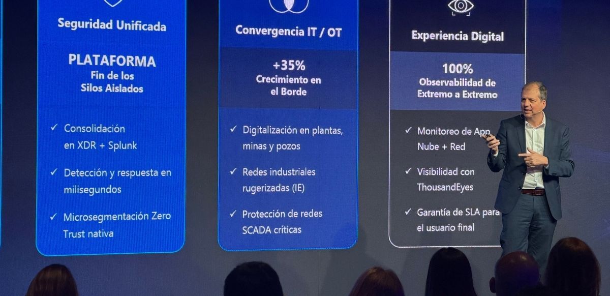 Leonardo Giordano, Country Leader South Cone de Cisco, analizó los desafíos de modernizar las infraestructuras tecnológicas frente al avance de la inteligencia artificial, con especial atención a la ciberseguridad, la conectividad y la resiliencia.