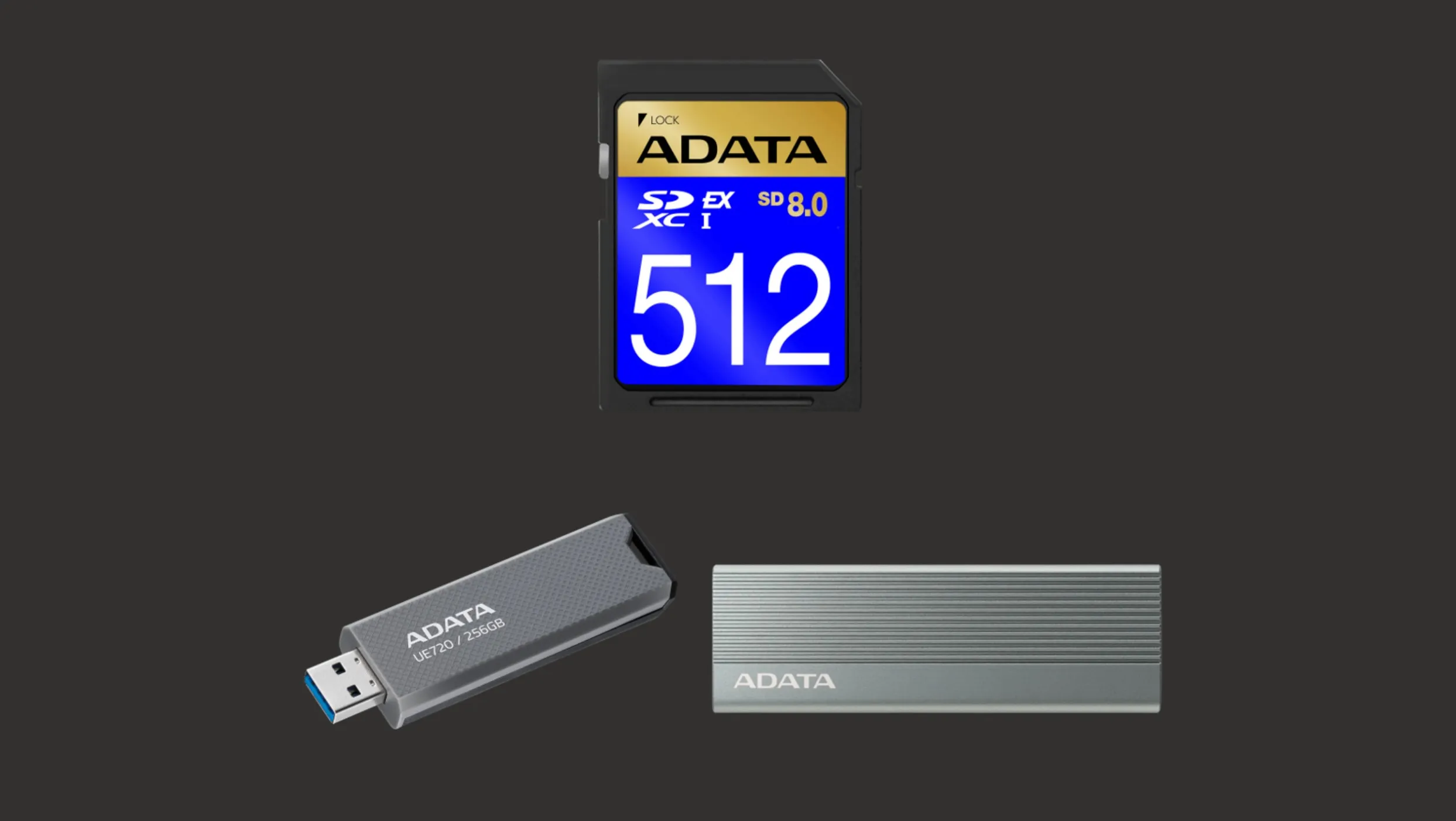Tarjeta de memoria Premier Extreme SD 8.0 Express –la primera de su tipo en la industria–, la unidad flash UE720 USB 3.2 Gen2 y la carcasa para SSD M.2 EC680.