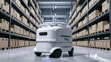 Robots Móviles Automatizados (AMRs) operando en un centro logístico, optimizando el picking y mejorando la eficiencia en el manejo de inventarios.