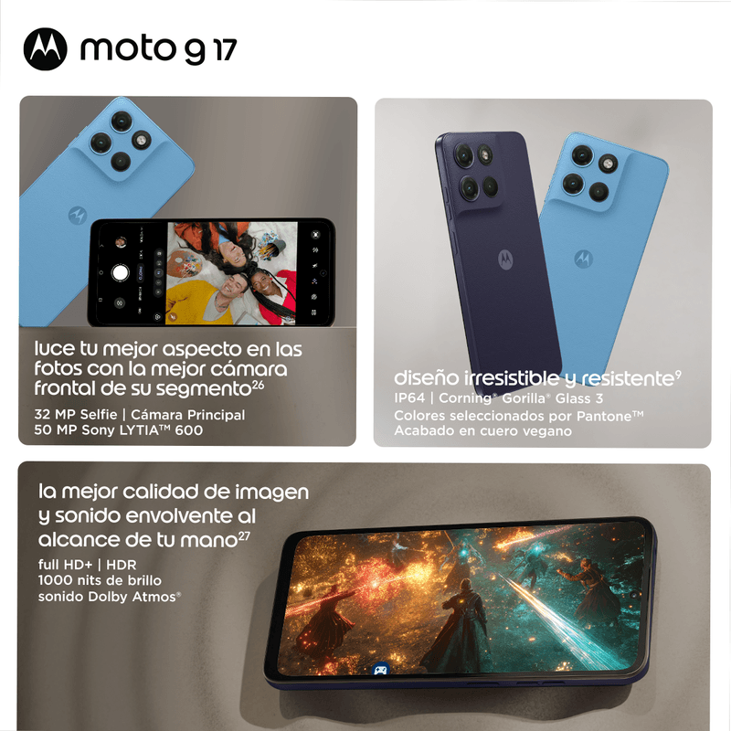 Motorola. Con acabado inspirado en cuero, colores Pantone y protección Gorilla Glass 3, el moto g17 busca combinar estilo, resistencia y funcionalidad.
