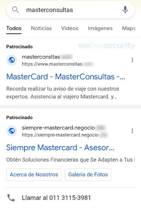 Resultados de búsqueda que muestran anuncios con urls de sitios falsos.