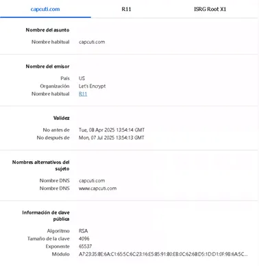 Certificado HTTPs del sitio falso.