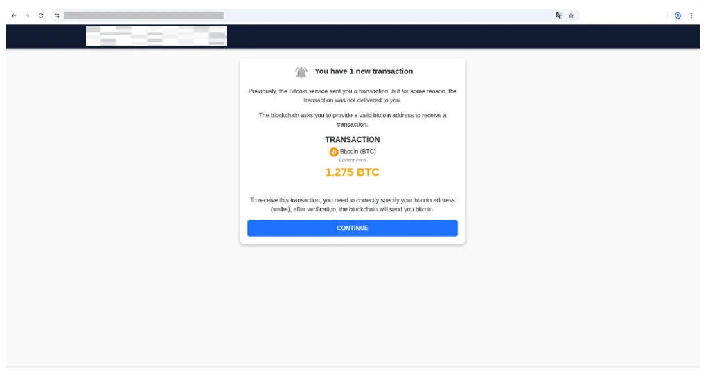 Después de hacer clic en el enlace del correo, el usuario es dirigido a un sitio web fraudulento que imita una plataforma de transacciones cripto.