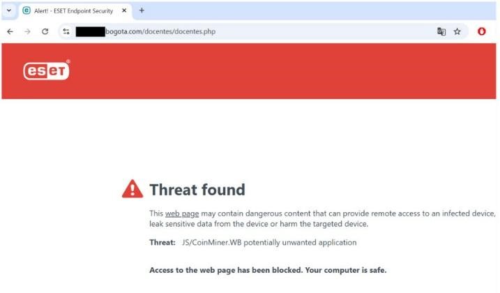 Ejemplo de un sitio educativo de Colombia que es detectado como minero de criptomoneda.