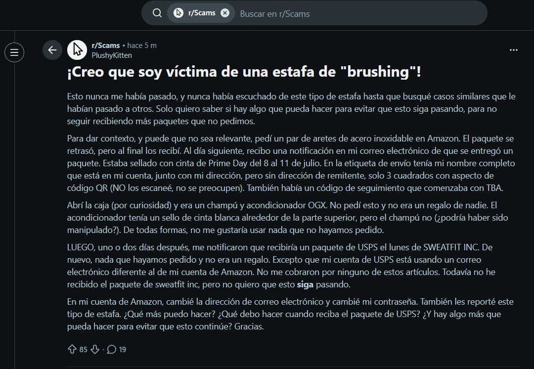 Relato de una víctima de brushing scam (traducido automáticamente del inglés). 