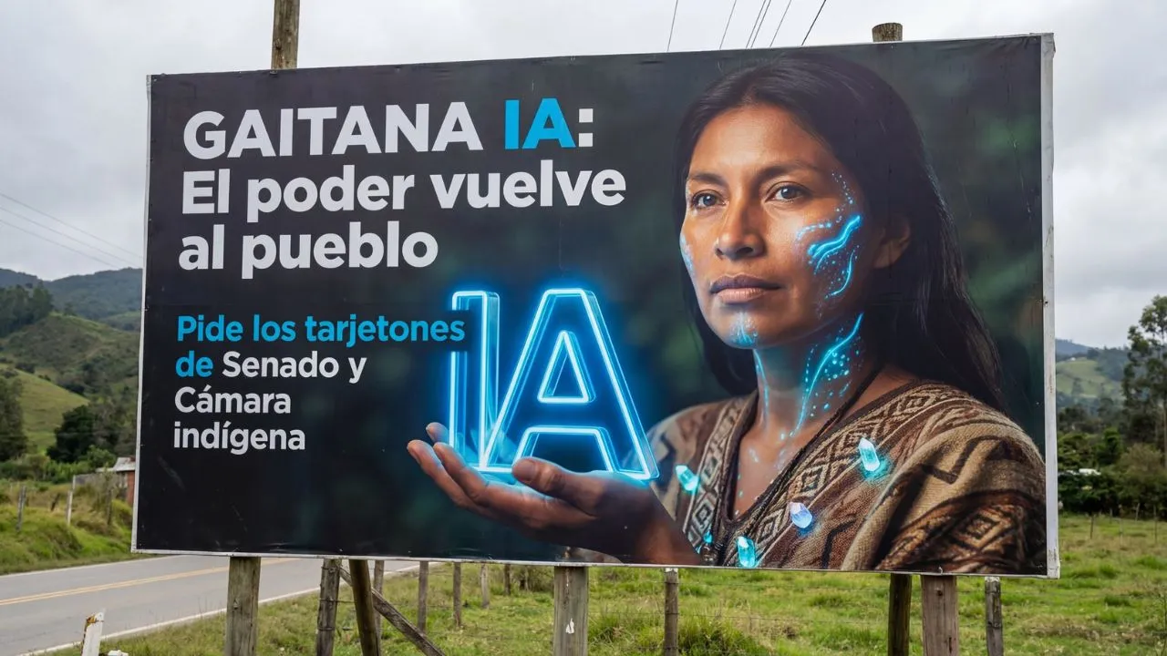 Gaitana, avatar creado con inteligencia artificial, participa en las circunscripciones especiales indígenas para las elecciones legislativas del 8 de marzo de 2026 en Colombia. Su estética —piel azul y rasgos inspirados en figuras ancestrales de resistencia— forma parte de una estrategia político-tecnológica inédita en el país.