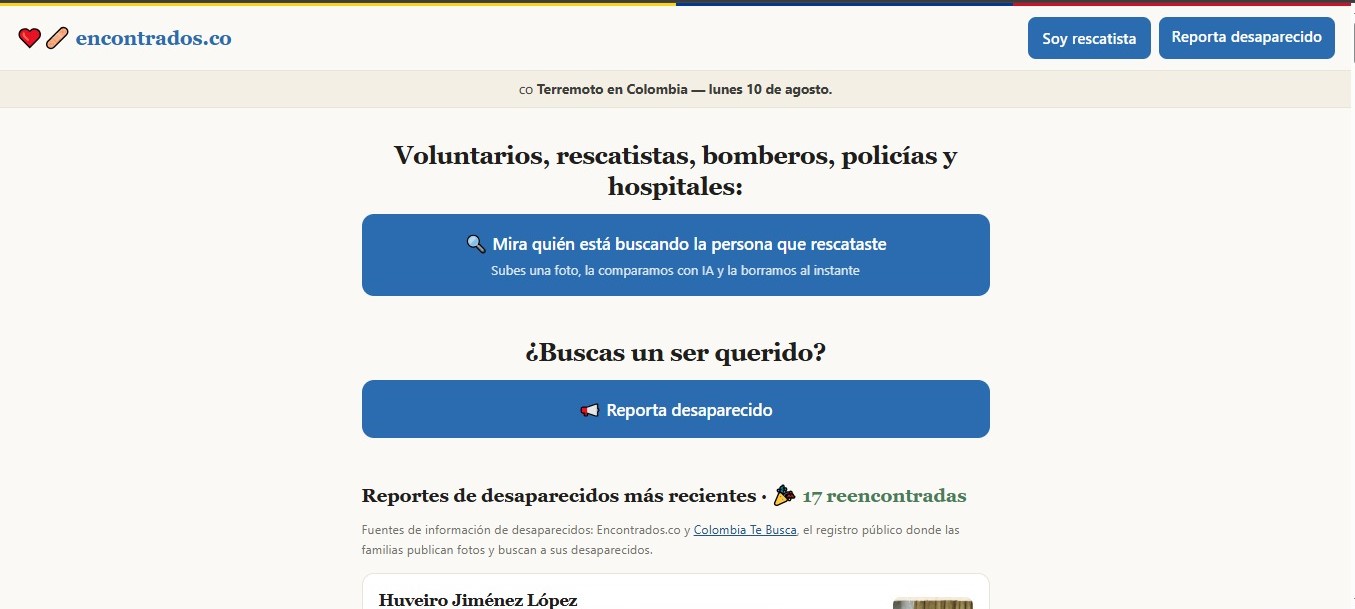 Encontrados.co utiliza reconocimiento facial para comparar fotografías de personas encontradas con imágenes de quienes fueron reportados como desaparecidos.