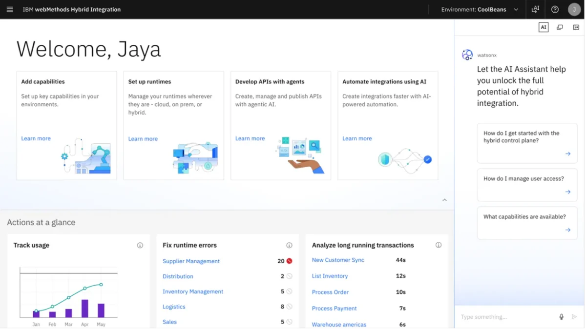 IBM webMethods Hybrid Integration: Integración para la era de la IA agentica 3 Vista unificada de IBM webMethods Hybrid Integration, que centraliza la gestión de APIs, eventos, archivos y datos empresariales.