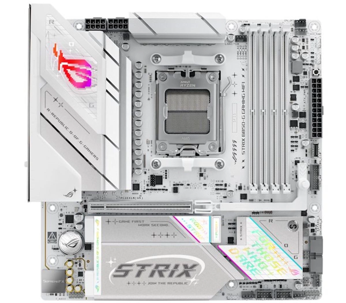 La nueva ROG Strix B850-G Gaming WiFi combina la potencia gaming de la línea ROG Strix con el formato microATX, ofreciendo alto rendimiento en un chasis compacto y de diseño eficiente.