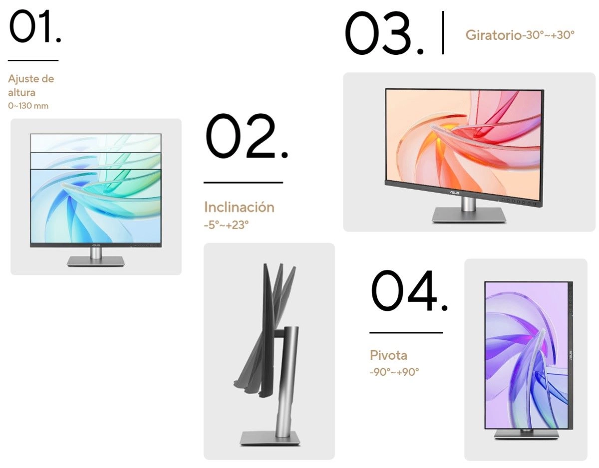 Con un soporte ergonómico ajustable en altura, inclinación y giro, el PA27JCV permite personalizar la visualización según las necesidades del usuario, garantizando comodidad durante largas jornadas de trabajo.
