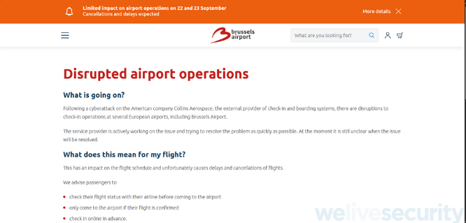 Aviso especial en la página oficial del aeropuerto de Bruselas.