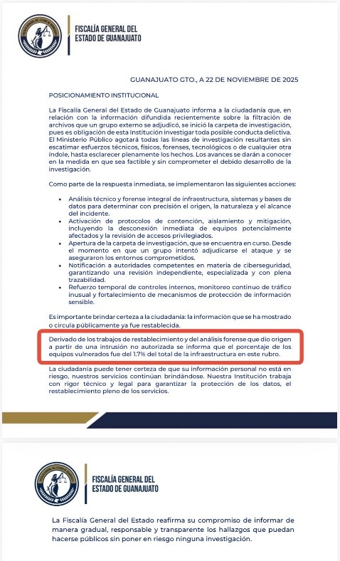 Comunicado en el que la Fiscalía de Guanajuato admite haber sido atacada. Fuente: X (@VH_Aguilera).