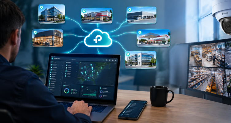 La plataforma Omada Central permite administrar redes empresariales y cámaras de seguridad de múltiples sucursales desde un único entorno en la nube, con monitoreo y gestión remota.