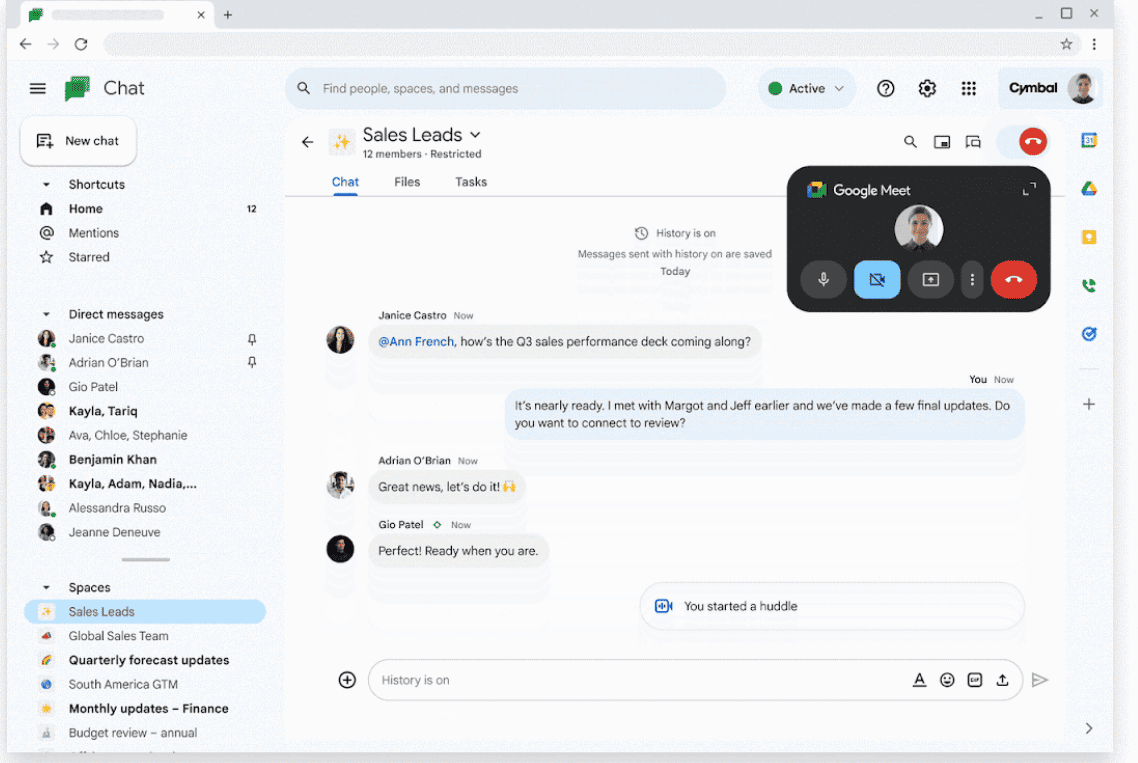 Duet AI en Google Chat: Los usuarios pueden chatear directamente con Duet AI para preguntar sobre su contenido, obtener un resumen de los documentos compartidos en un espacio y ponerse al día con conversaciones perdidas