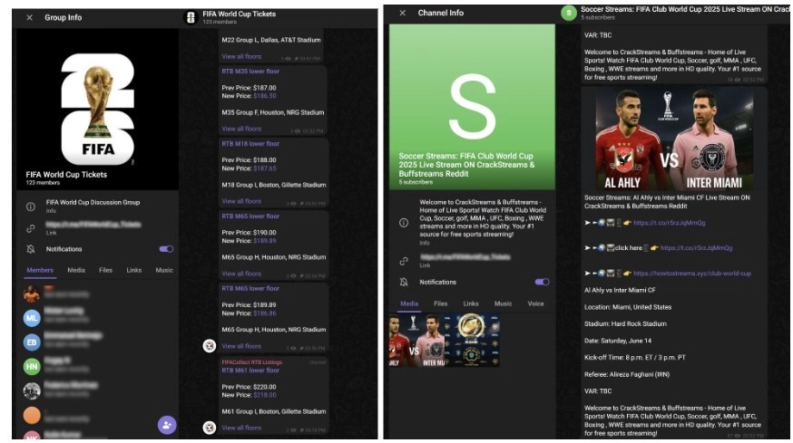 Canales de Telegram que ofrecen entradas falsas para el Mundial de la FIFA 2026 (derecha) o servicios de streaming fraudulentos (izquierda).