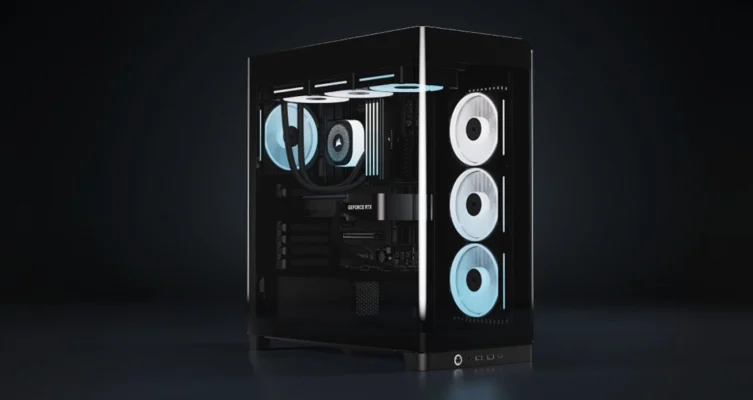 En su lateral, el chasis incluye tres ventiladores de entrada de rotor inverso RS120-R PWM ARGB o iCUE LINK LX120-R RGB, que proporcionan un flujo de aire eficiente y una iluminación brillante sin obstrucciones.