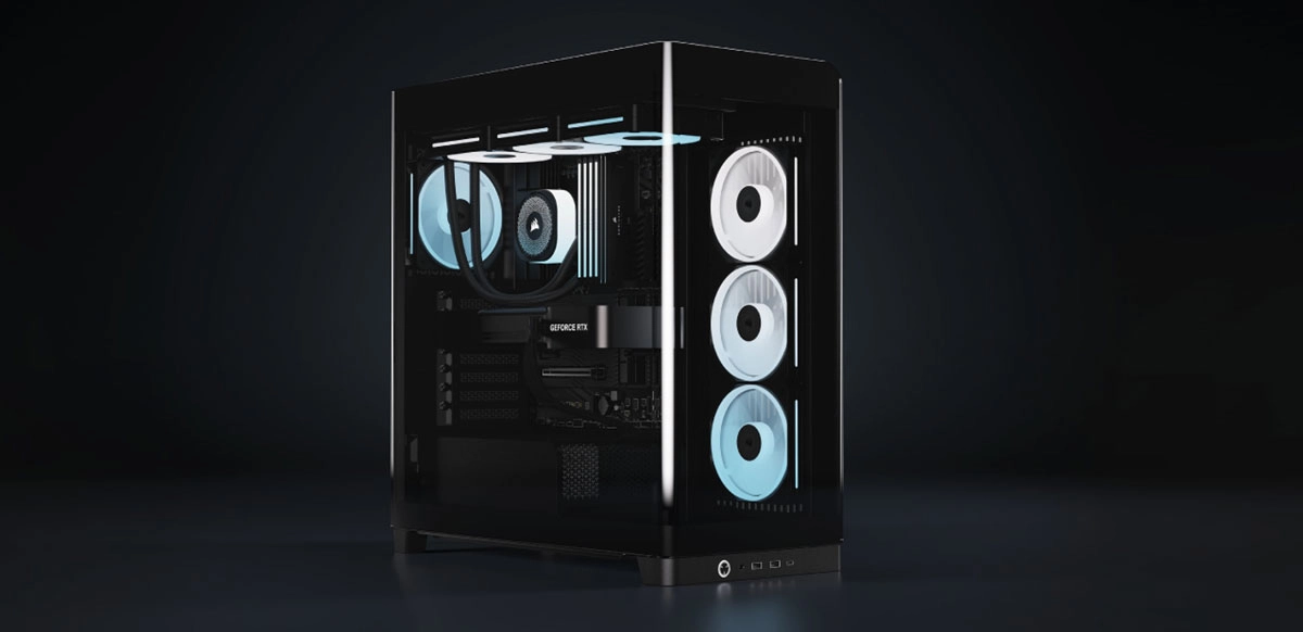 En su lateral, el chasis incluye tres ventiladores de entrada de rotor inverso RS120-R PWM ARGB o iCUE LINK LX120-R RGB, que proporcionan un flujo de aire eficiente y una iluminación brillante sin obstrucciones.