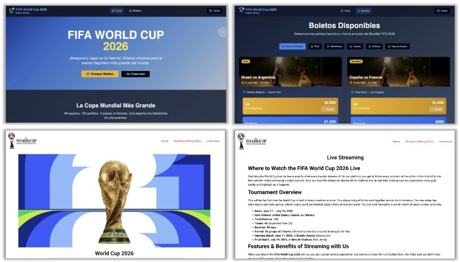 Ejemplos de sitios web fraudulentos con temática de la FIFA 2026, utilizados como anzuelo para engañar a los usuarios.