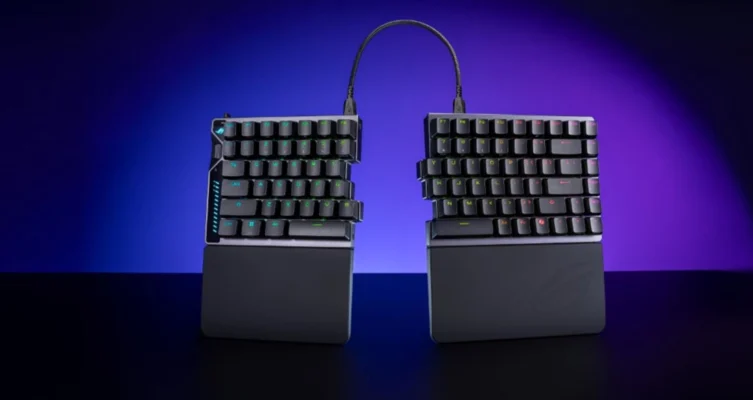 El ROG Falcata redefine los teclados gaming competitivos con su diseño dividido de formato 75%, ofreciendo a los jugadores la flexibilidad de optimizar su configuración y permitiendo usar solo el módulo izquierdo para liberar espacio en el escritorio para mayor movimiento del mouse.
