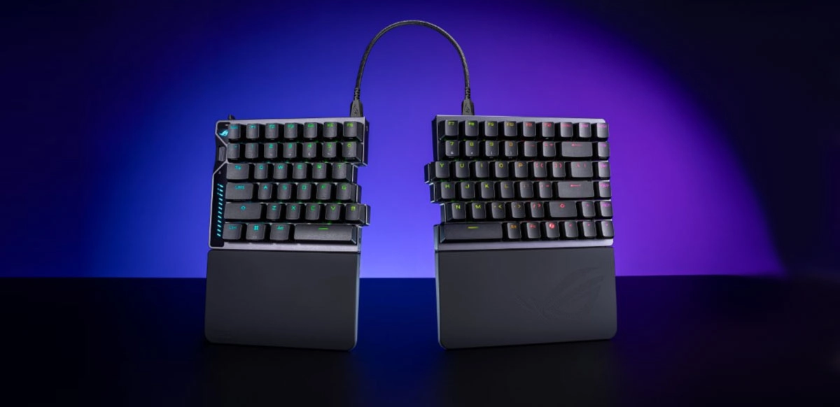 El ROG Falcata redefine los teclados gaming competitivos con su diseño dividido de formato 75%, ofreciendo a los jugadores la flexibilidad de optimizar su configuración y permitiendo usar solo el módulo izquierdo para liberar espacio en el escritorio para mayor movimiento del mouse.