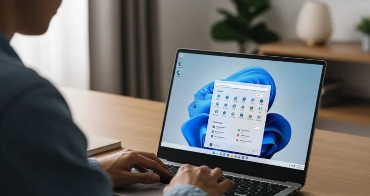 Un usuario revisa su laptop con Windows 11 para optimizar el uso de internet.
