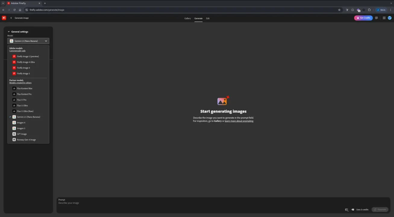 La interfaz de Adobe Firefly permite generar y editar contenidos visuales a partir de texto, integrando funciones de inteligencia artificial directamente en el flujo de trabajo creativo.
