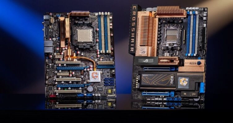 Un viaje en el tiempo: la primera motherboard ROG de 2006 frente a la ROG Crosshair 2006 de 2026, uniendo legado, diseño icónico y 20 años de evolución tecnológica en el gaming de alto rendimiento.