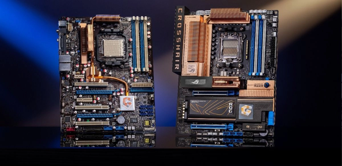 Un viaje en el tiempo: la primera motherboard ROG de 2006 frente a la ROG Crosshair 2006 de 2026, uniendo legado, diseño icónico y 20 años de evolución tecnológica en el gaming de alto rendimiento.