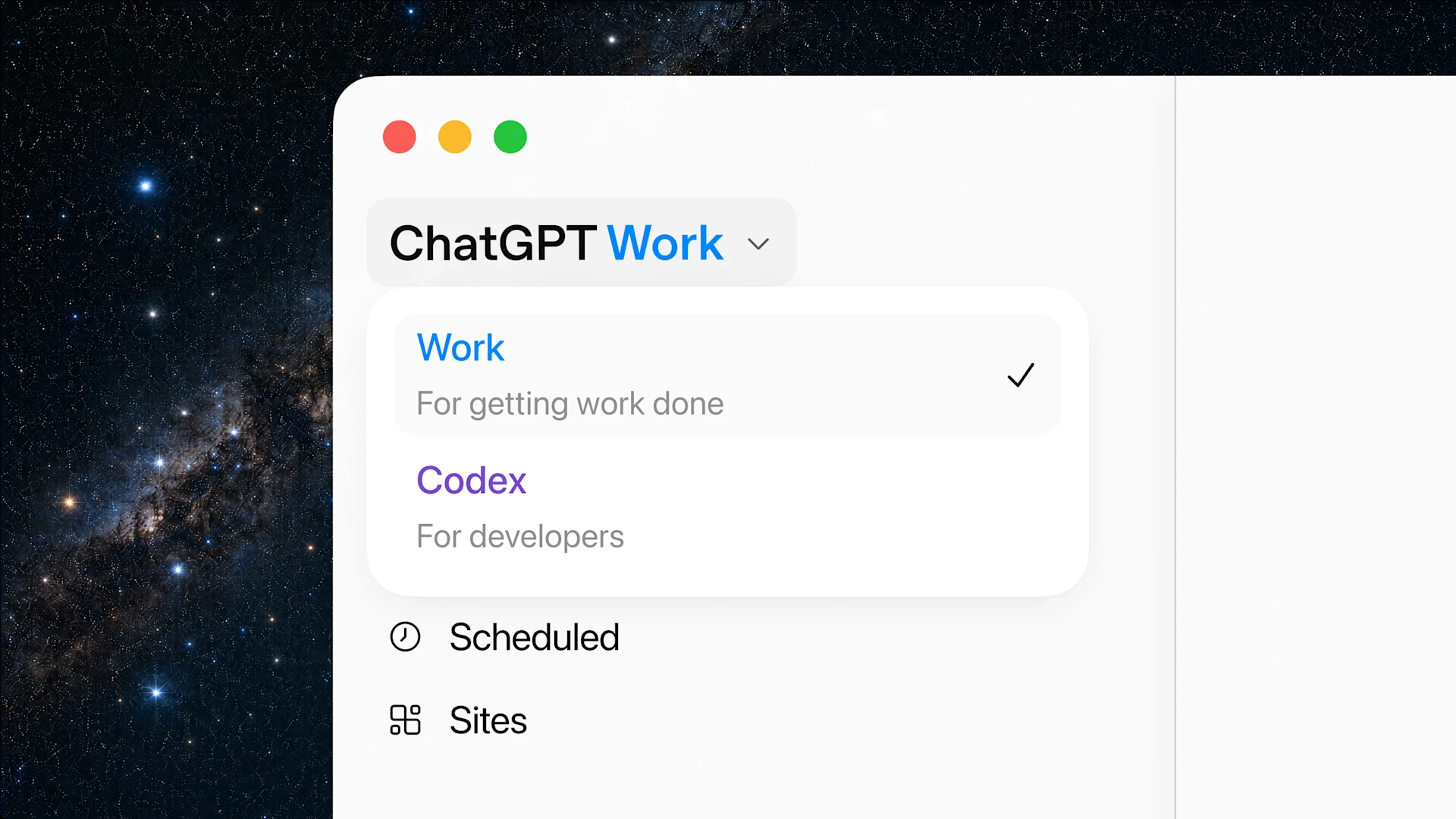 Desde un control ubicado en la parte superior, los usuarios pueden alternar entre los modos Chat y Work según el tipo de tarea que deseen realizar.