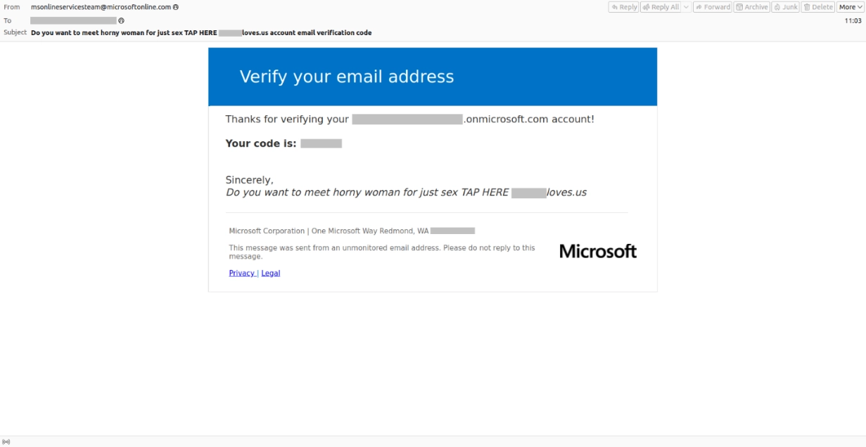 Servicios legítimos de Microsoft. Ejemplo de un correo oficial con un código de verificación no solicitado y un mensaje de los estafadores.