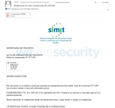 Ejemplo de correo electrónico de phishing con un archivo PDF adjunto.