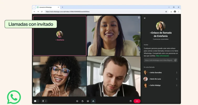 La nueva función de WhatsApp permite invitar a personas sin cuenta a llamadas de hasta 32 participantes, con opciones para compartir pantalla y reaccionar con emojis.
