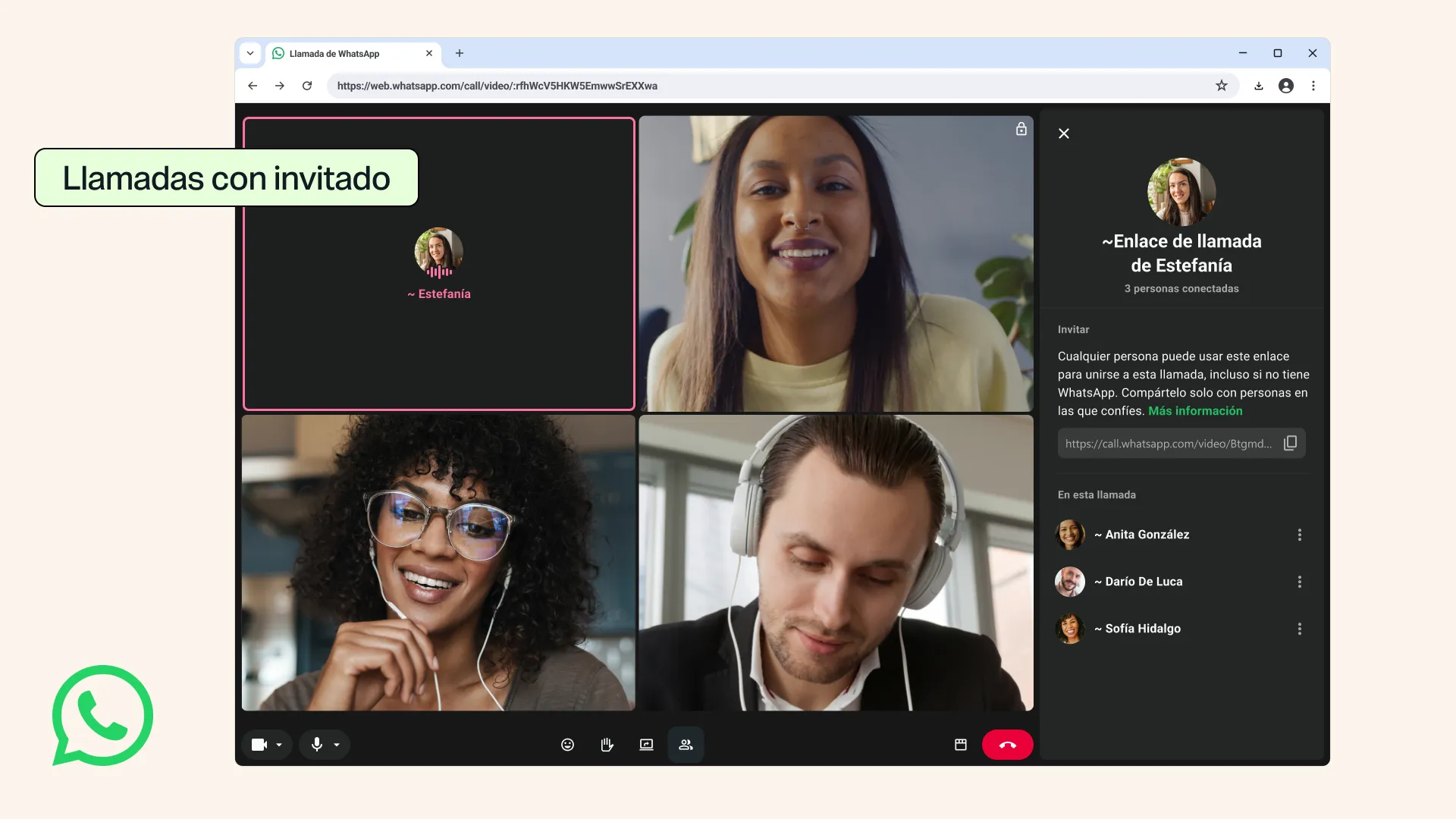 La nueva función de WhatsApp permite invitar a personas sin cuenta a llamadas de hasta 32 participantes, con opciones para compartir pantalla y reaccionar con emojis.