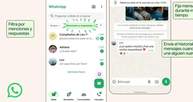 WhatsApp suma cuatro nuevas funciones para facilitar la organización de los chats grupales, recuperar mensajes importantes y mantenerse al día con las conversaciones más activas.
